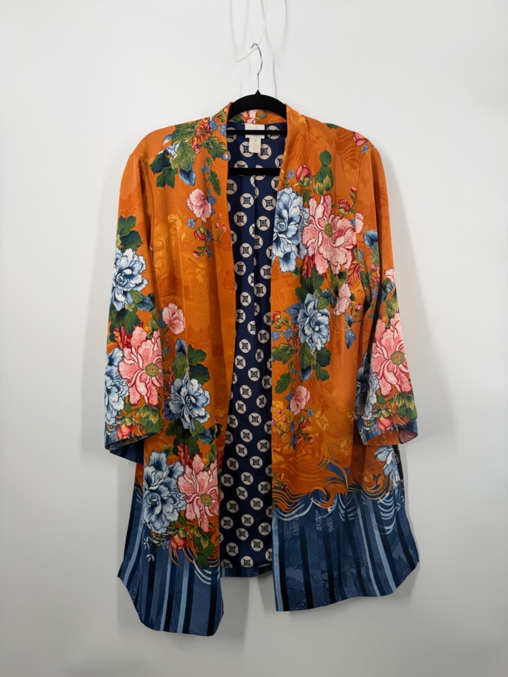 Chico’s Drama Printed Orange and Blue Kimono - Picture 2 of 12